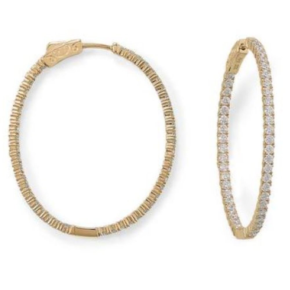 104K Gold Plated .925 Sterling Silver Oval In/Out CZ Hoop Earrings